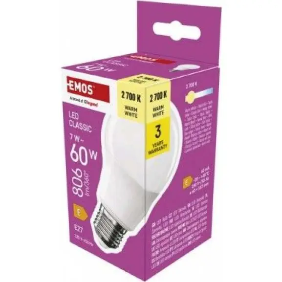Nejlepší Cena ZQ5E41 LED žárovka Classic A60 / E27 / 7 W (60 W) / 806 lm / teplá bílá EMOS