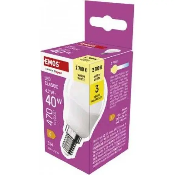 ZQ1E21 LED žárovka Classic Mini Globe / E14 / 4,2 W (40 W) / 470 lm / teplá bílá EMOS Nová Kolekce