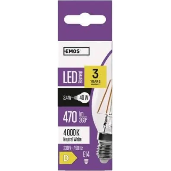 Horká Nabídka ZF3221 LED žárovka Filament Candle 3,4W E14 neutrální bílá EMOS Lighting