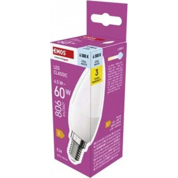 Výprodej ZQ3E44 LED žárovka Classic svíčka / E14 / 6,5 W (60 W) / 806 lm / studená bílá EMOS