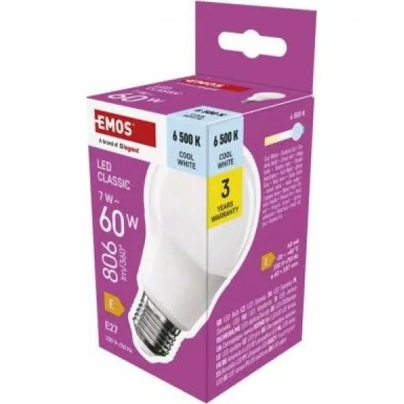 ZQ5E44 LED žárovka Classic A60 / E27 / 7 W (60 W) / 806 lm / Studená bílá EMOS Přímo Od Výrobce