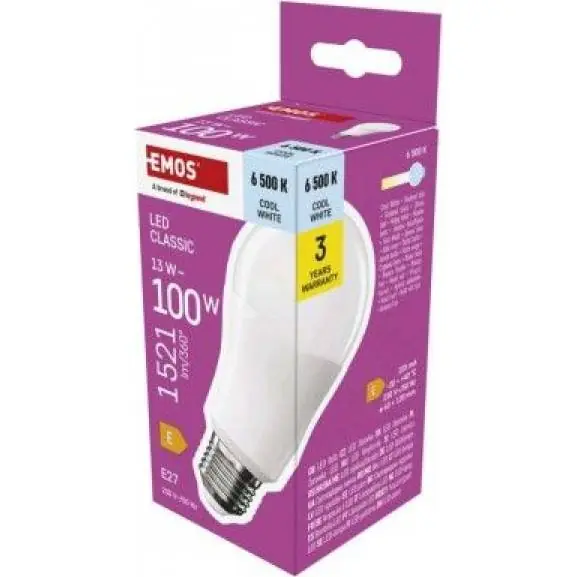 Značkový ZQ5E64 LED žárovka Classic A60 / E27 / 13 W (100 W) / 1521 lm / studená bílá EMOS