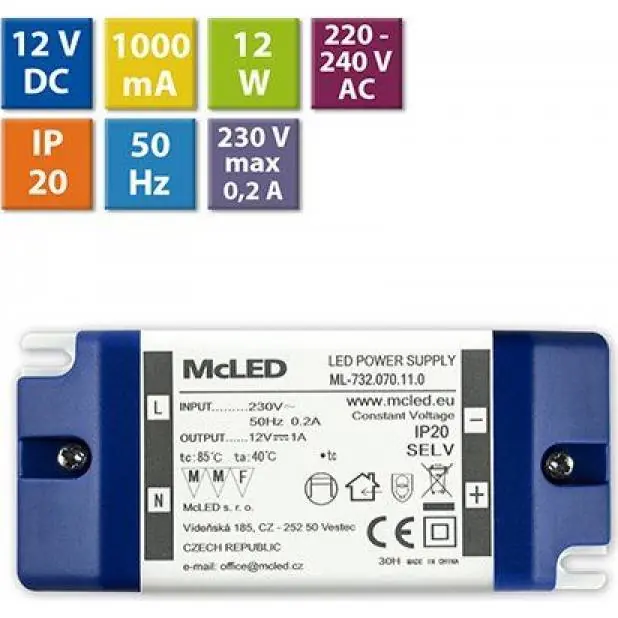 Nejprodávanější McLED 12VDC 12W 1A ML-732.070.11.0 napájecí LED zdroj