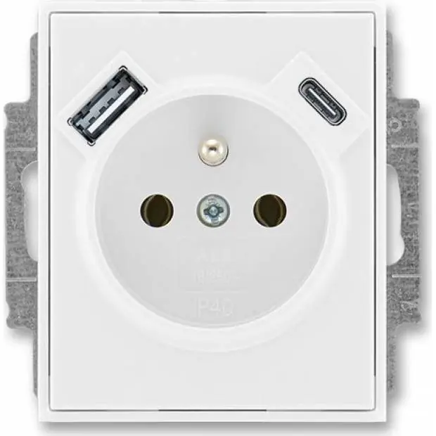 ABB 5569E-A32357 03 Zásuvka s kolíkem, s clonkami, USB-A/C bílá/bílá Nová Kolekce