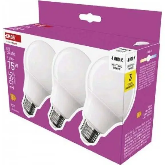 ZQ5E53.3 LED žárovka Classic A60 / E27 / 9,5 W (75 W) / 1055 lm / neutrální bílá EMOS Nejprodávanější